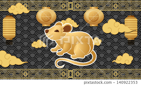 Golden Rat Chinese Zodiac Vector Illustration with Lanterns and Clouds Golden Rat Chinese Zodiac Vector Illustration with Lanterns and Clouds 140922353