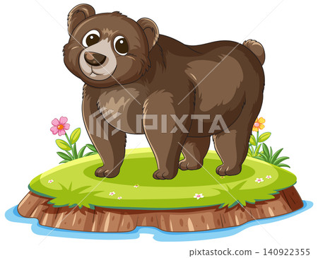 Cartoon Brown Bear Standing on Grassy Island Cartoon Brown Bear Standing on Grassy Island 140922355