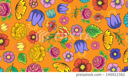 Colorful Mexican Folk Art Floral Pattern on Orange Background Colorful Mexican Folk Art Floral Pattern on Orange Background 140922362