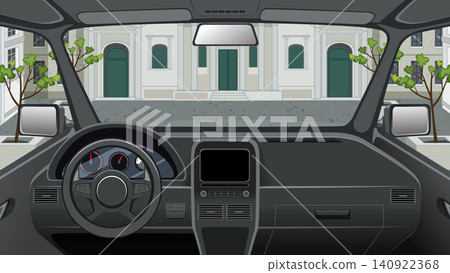 Vector Illustration of a Modern Car Interior Dashboard and City View Vector Illustration of a Modern Car Interior Dashboard and City View 140922368