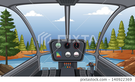 Vector Illustration of Helicopter Cockpit View Over Pine Forest and River 140922369