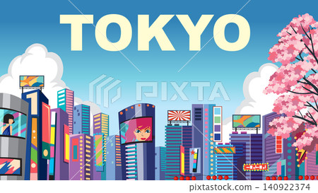 Flat Vector Illustration of Tokyo City Skyline with Cherry Blossoms Flat Vector Illustration of Tokyo City Skyline with Cherry Blossoms 140922374