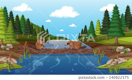 Two Beavers Building a Wooden Dam Across a Forest River 140922375