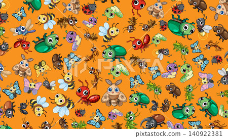 Seamless Vector Pattern of Cute Cartoon Insects on Orange Background 140922381