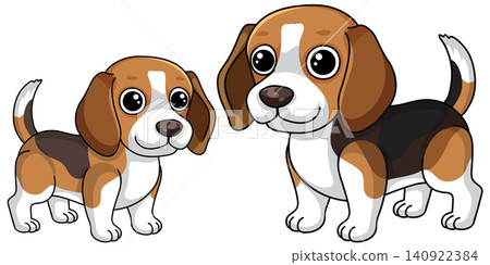 Two Cute Beagle Puppies Standing Together in Cartoon Vector Style 140922384