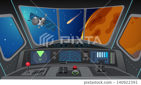 Futuristic Spaceship Cockpit Interior View of Red Planet and Satellite Futuristic Spaceship Cockpit Interior View of Red Planet and Satellite 140922391