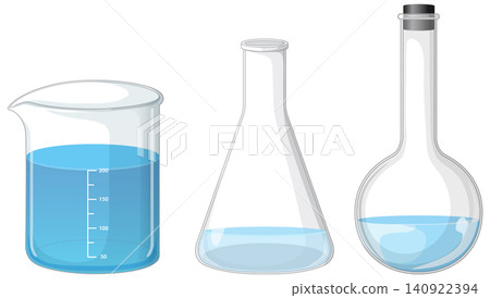 Set of Three Science Lab Glassware Containers Filled with Blue Fluid Set of Three Science Lab Glassware Containers Filled with Blue Fluid 140922394