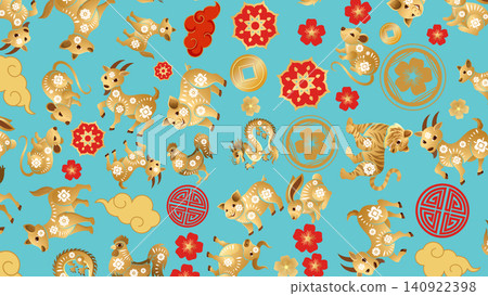 Seamless Pattern with Golden Chinese Zodiac Animals and Red Flowers Seamless Pattern with Golden Chinese Zodiac Animals and Red Flowers 140922398