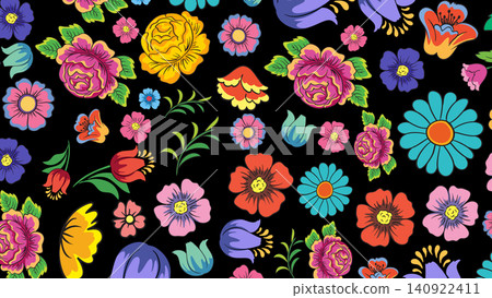 Colorful Mexican Folk Art Floral Pattern on Black Background Colorful Mexican Folk Art Floral Pattern on Black Background 140922411