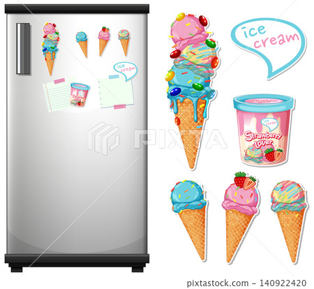 Ice Cream Stickers and Magnets on a Modern Refrigerator Door 140922420