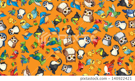 Seamless Vector Pattern of Colorful Cartoon Birds on Orange Background Seamless Vector Pattern of Colorful Cartoon Birds on Orange Background 140922421