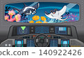 Submarine Cockpit View of Manta Rays and Coral Reef Underwater 140922426