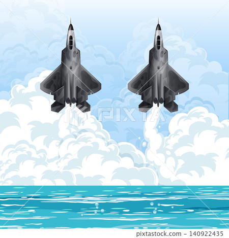 Two Stealth Fighter Jets Flying Over the Ocean with Clouds Two Stealth Fighter Jets Flying Over the Ocean with Clouds 140922435