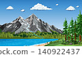 Vector Illustration of Snow Capped Mountains and Pine Forest by Lake 140922437