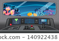 Submarine Cockpit View of Underwater Coral Reef and Navigation Dashboard 140922438