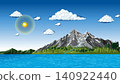 Vector Illustration of Sunny Mountain Peak and Blue Lake Landscape 140922440