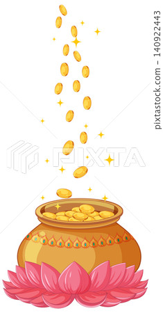 Golden Wealth Pot on Lotus Flower with Falling Coins and Sparkles 140922443