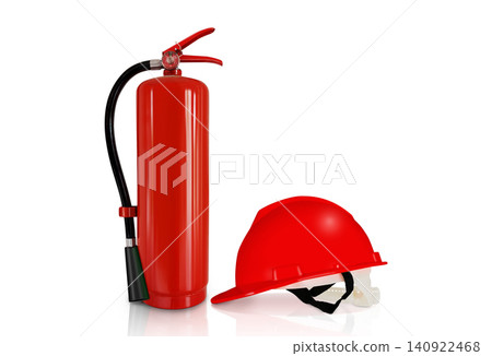One fire extinguisher, along with a red firefighter helmet, is placed on a white background. One fire extinguisher, along with a red firefighter helmet, is placed on a white background. 140922468