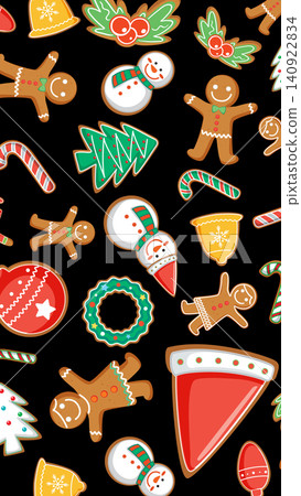 Festive Holiday Gingerbread Cookie and Candy Pattern on Black Background Festive Holiday Gingerbread Cookie and Candy Pattern on Black Background 140922834