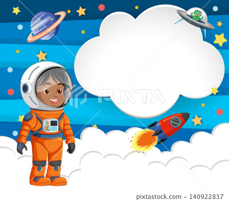 Cartoon Astronaut Child in Space with Rocket and Copy Space Cartoon Astronaut Child in Space with Rocket and Copy Space 140922837