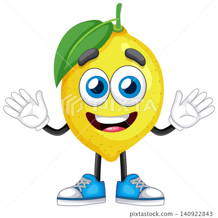 Happy Yellow Lemon Cartoon Character Waving with White Background Happy Yellow Lemon Cartoon Character Waving with White Background 140922843