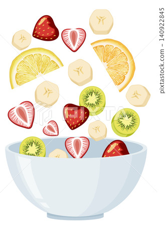Fresh Fruit Slices Falling Into White Ceramic Bowl Fresh Fruit Slices Falling Into White Ceramic Bowl 140922845