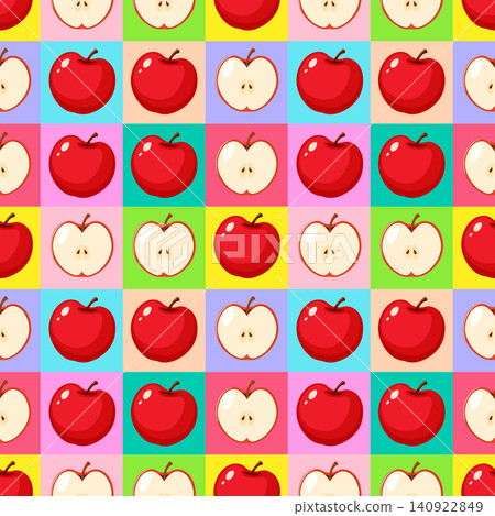 Seamless Pop Art Pattern with Red Apples on Colorful Checkered Background Seamless Pop Art Pattern with Red Apples on Colorful Checkered Background 140922849