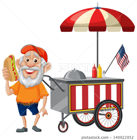 Elderly Man Enjoying Hot Dog at Food Cart Stand Elderly Man Enjoying Hot Dog at Food Cart Stand 140922852