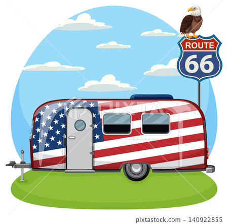 Patriotic Camper Trailer on Route 66 with Bald Eagle Patriotic Camper Trailer on Route 66 with Bald Eagle 140922855