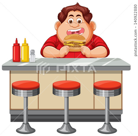 Man Eating Burger at Classic Diner Counter Man Eating Burger at Classic Diner Counter 140922880