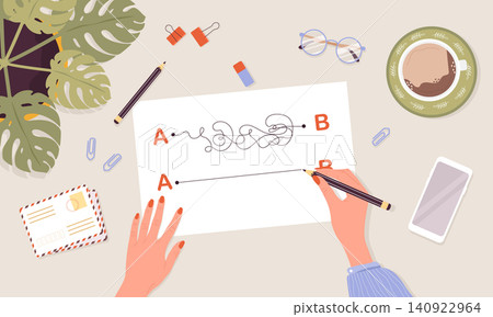 Plan B concept. Business strategy with goals for success. Top view on workspace. Woman holding pencil in hand and drawing line from point A to point B. Vector illustration in flat cartoon style Plan B concept. Business strategy with goals for success. Top view on workspace. Woman holding pencil in hand and drawing line from point A to point B. Vector illustration in flat cartoon style 140922964
