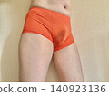 A man with metabolic syndrome in his underwear, facing left, orange. 140923136