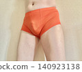 A man with metabolic syndrome in his underwear, facing right, wearing orange. 140923138
