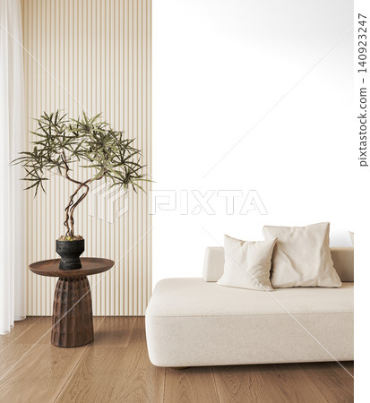 Cream Sofa Corner PNG with Indoor Tree and Dark Wood Side Table, Transparent Background Cream Sofa Corner PNG with Indoor Tree and Dark Wood Side Table, Transparent Background 140923247