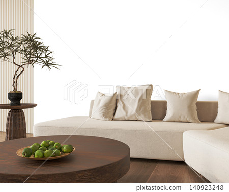 Organic Modern Sofa Interior PNG with Dark Wood Coffee Table and Green Fruit Bowl, Transparent Background 140923248