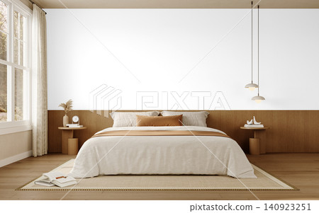 Neutral Bedroom Wall Mockup PNG with Beige Bed, Large Window and Wooden Nightstands, Transparent Background Neutral Bedroom Wall Mockup PNG with Beige Bed, Large Window and Wooden Nightstands, Transparent Background 140923251