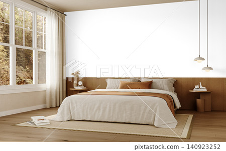 Modern Neutral Bedroom Interior PNG with Large Window, Beige Bed and Warm Wood Headboard, Transparent Background Modern Neutral Bedroom Interior PNG with Large Window, Beige Bed and Warm Wood Headboard, Transparent Background 140923252