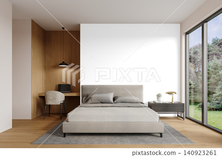 Modern Bedroom Interior PNG with Gray Upholstered Bed, Built In Desk and Large Windows, Transparent Background Modern Bedroom Interior PNG with Gray Upholstered Bed, Built In Desk and Large Windows, Transparent Background 140923261