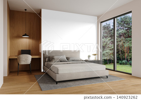 Contemporary Bedroom Interior PNG with Gray Bed, Wooden Desk and Forest View, Transparent Background Contemporary Bedroom Interior PNG with Gray Bed, Wooden Desk and Forest View, Transparent Background 140923262
