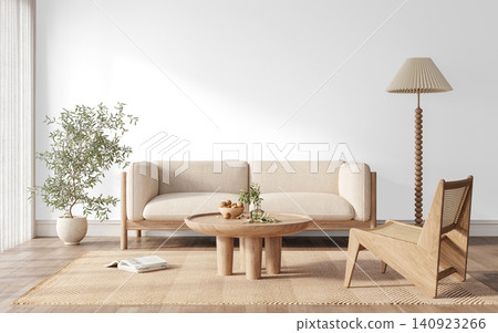 Japandi Living Room Interior PNG with Cream Sofa, Olive Tree and Cane Lounge Chair, Transparent Background Japandi Living Room Interior PNG with Cream Sofa, Olive Tree and Cane Lounge Chair, Transparent Background 140923266