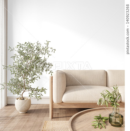 Close Up Japandi Living Room Interior PNG with Olive Tree, Cream Sofa and Wooden Coffee Table, Transparent Background Close Up Japandi Living Room Interior PNG with Olive Tree, Cream Sofa and Wooden Coffee Table, Transparent Background 140923268