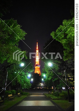 六月,夜晚的東京塔和芝公園的街燈,芝公園36號,東京塔和芝公園4號停車場 - 夜景 六月,夜晚的東京塔和芝公園的街燈,芝公園36號,東京塔和芝公園4號停車場 - 夜景 140923410