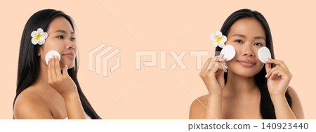Woman cares for skin with cotton pads in spa backdrop Woman cares for skin with cotton pads in spa backdrop 140923440