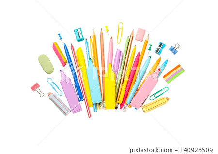 Vibrant school pens, pencils, and gear, isolated on white, PNG 140923509