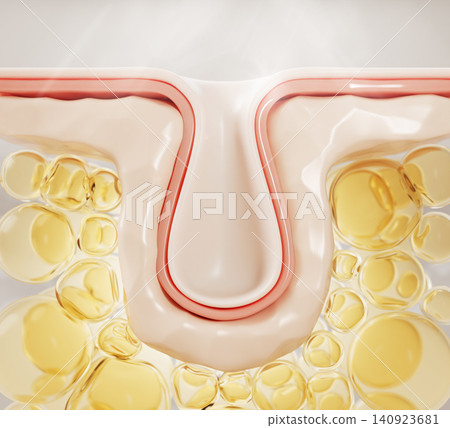 Gold lipid layer of epidermis with clean skin pore or wrinkle. Yellow adipose tissue, fat cells. Anti-aging serum, cleansing oil, cosmetic moisture cream with ceramides, fatty acids. 3D illustration Gold lipid layer of epidermis with clean skin pore or wrinkle. Yellow adipose tissue, fat cells. Anti-aging serum, cleansing oil, cosmetic moisture cream with ceramides, fatty acids. 3D illustration 140923681