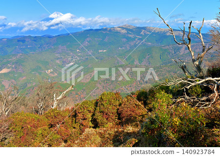 Mount Fuji and Mount Daruma as seen from Misoudai on the Izu Mountain Ridge Trail in the Izu Peninsula. Mount Fuji and Mount Daruma as seen from Misoudai on the Izu Mountain Ridge Trail in the Izu Peninsula. 140923784