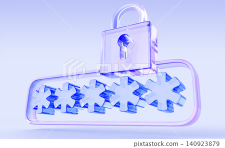 Hologram glass lock 3d icon with blue password asterisks on purple render background. Concept of authentication, computer security, privacy information, secure access to accounts. 3D illustration 140923879