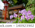 Pink hydrangeas and a red shrine 140923902
