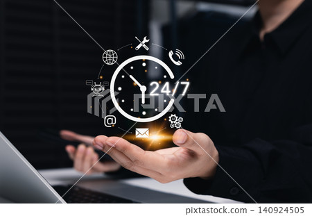 24/7 customer service support and AI helpdesk concept. virtual clock icons with chatbot, email, phone, tools, global access, automation, technical support, nonstop assistance, hotline communication, 24/7 customer service support and AI helpdesk concept. virtual clock icons with chatbot, email, phone, tools, global access, automation, technical support, nonstop assistance, hotline communication, 140924505