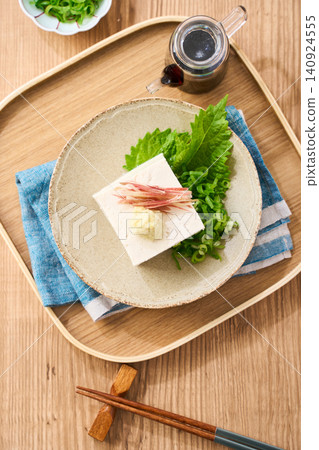Hiyayakko: A summer side dish of firm tofu topped with condiments. Hiyayakko: A summer side dish of firm tofu topped with condiments. 140924555